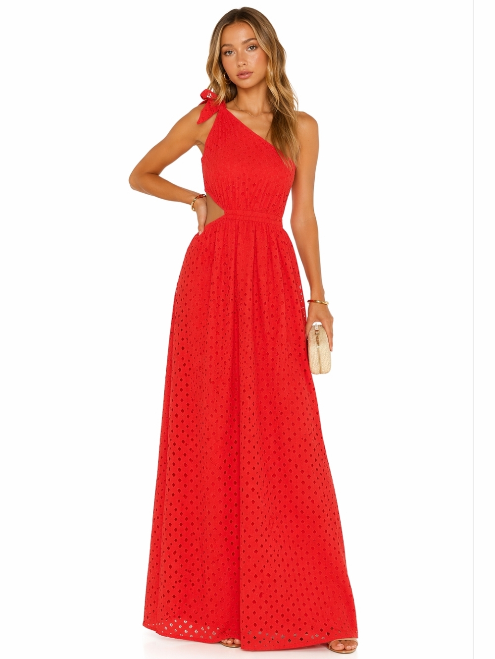 Show Me Your Mumu Red Eyelet One Shoulder Cutput Maxi Dress New Size L